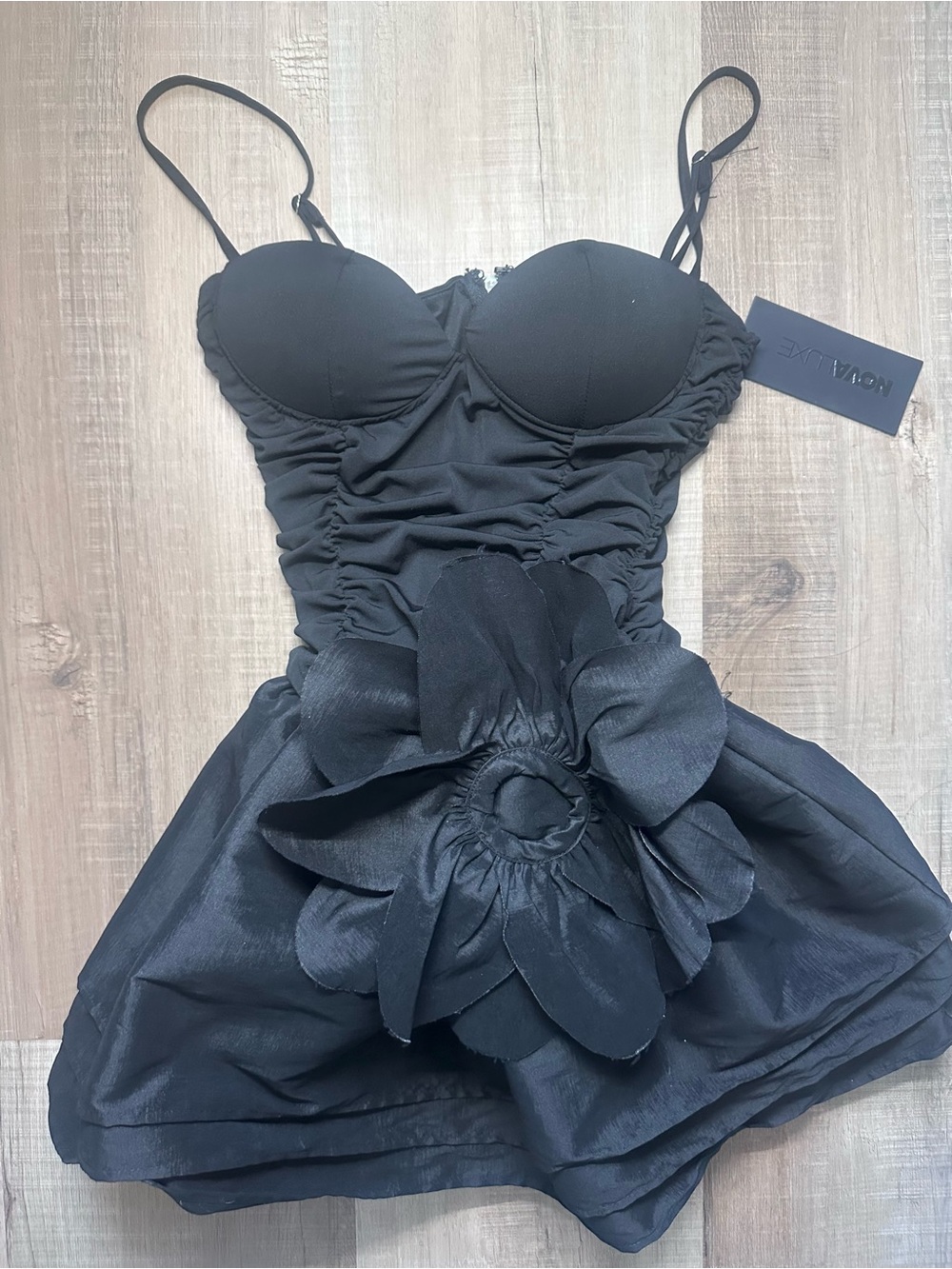 NWT Fashion Nova Luxe Black 3D Floral Applique Ruched Corset Mini Dress Size M